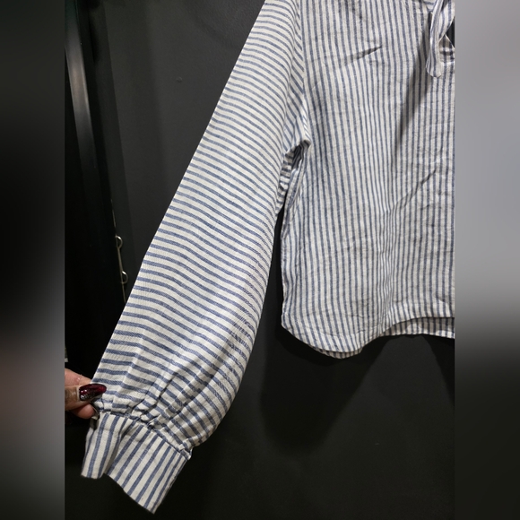 Frame Handkerchief Button Down Tie Collar Blue White Striped Linen Women L - Picture 5 of 9